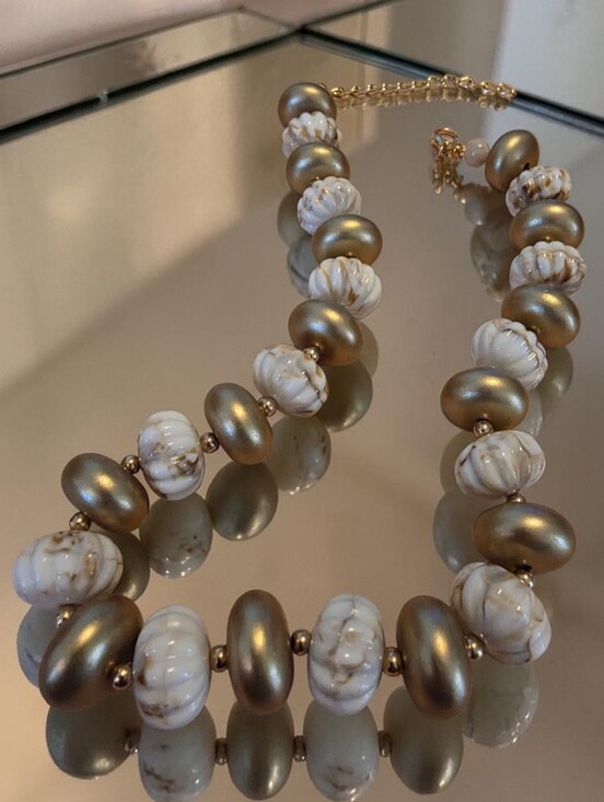 Anthropologie Jewelry - New!  Matte Gold & Beige Marbled Textured Beaded Statement Necklace • NWOT 1065